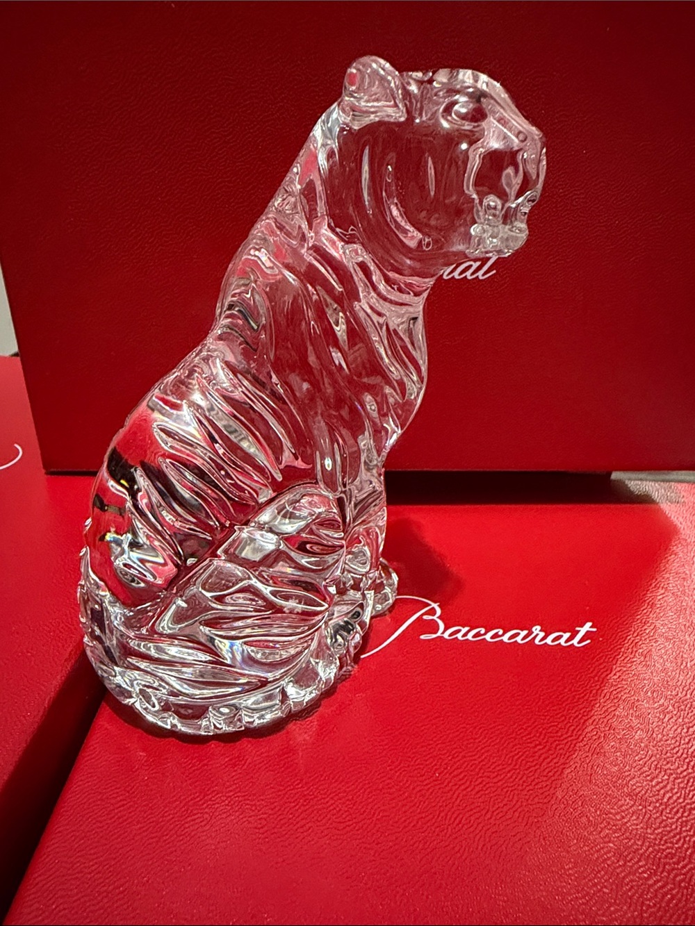 Baccarat Clear Crystal Tiger Sculpture on Red Box